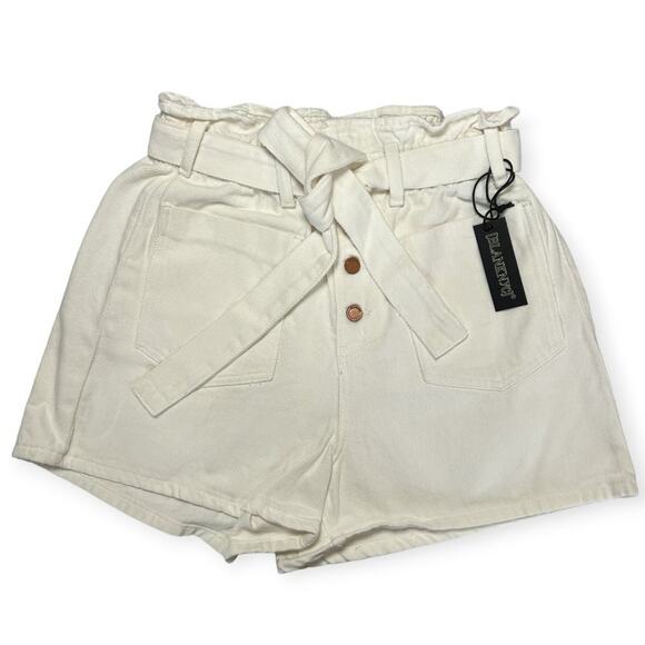 NWT BLANK NYC Twill Paperbag Shorts SIZE M Far Away White High Rise Belted NEW - Picture 3 of 13